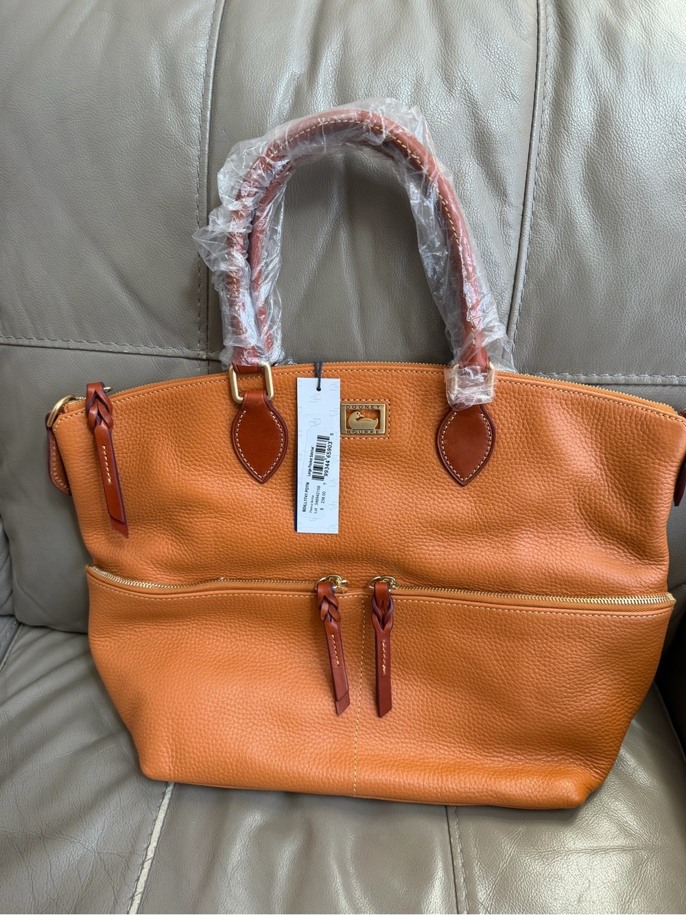 Dooney & Bourke Orange Leather Top-Handle Tote with Front Zip Pocket